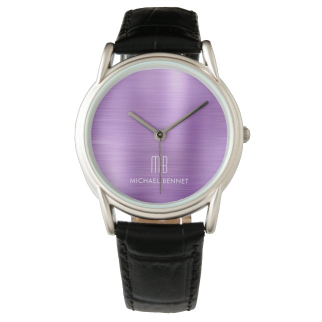 Elegant Monogrammed Purple Brushed Metallic Watch (Front)