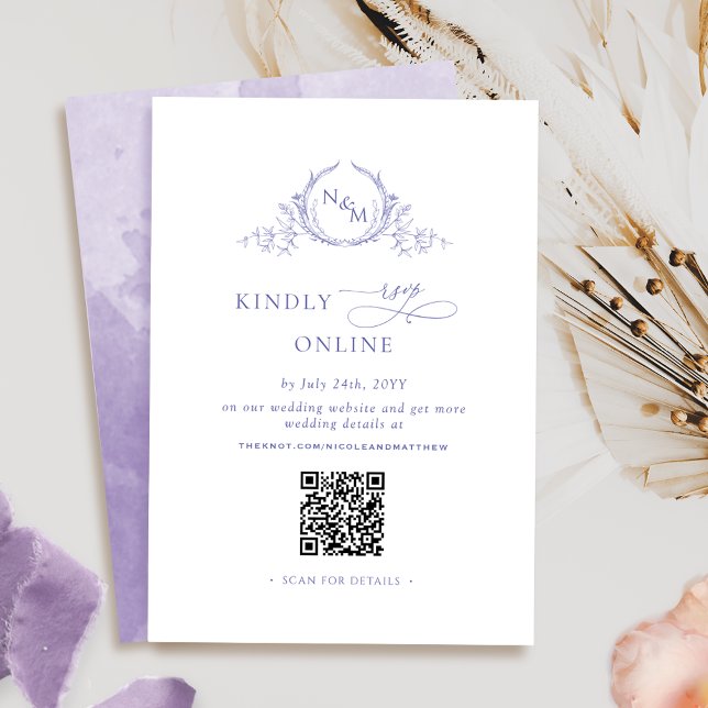 Elegant Monogrammed Purple RSVP Online, QR Code  Enclosure Card (Creator Uploaded)