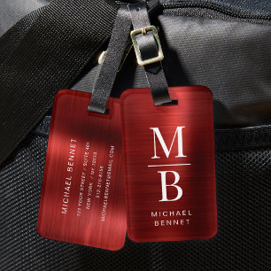 Elegant Monogrammed Red Brushed Metallic Luggage Tag