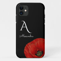 Elegant Monogrammed Red Poppy on Black Floral