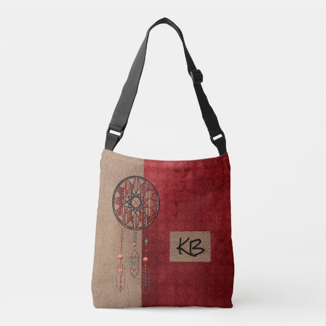 Elegant Monogrammed Red Tan Dreamcatcher Tote Bag (Front)