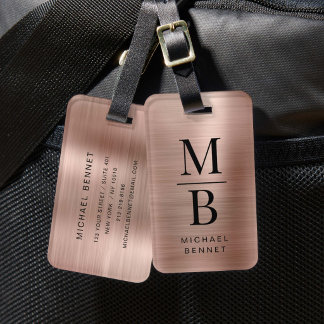 Elegant Monogrammed Rose Gold Brushed Metallic Luggage Tag