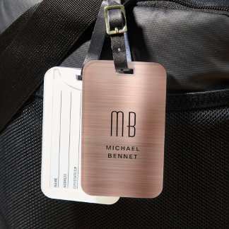 Elegant Monogrammed Rose Gold Brushed Metallic Luggage Tag