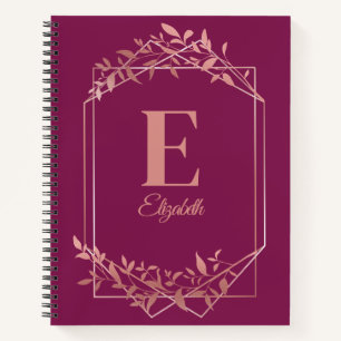 Elegant monogrammed rose gold frame leaves pink notebook