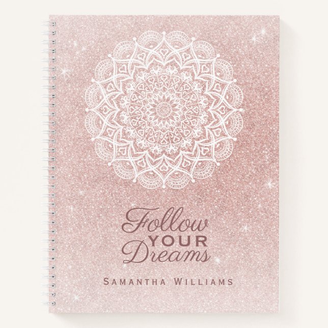 Elegant Monogrammed Rose Gold Glitter Girly Notebook (Front)