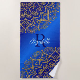 Elegant Monogrammed Royal Blue and Gold Mandala Beach Towel
