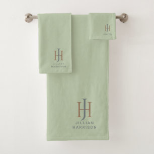 Elegant Monogrammed Sage Green Bath Towel Set