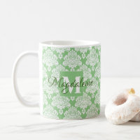 Elegant Monogrammed Sage Green & White Damask