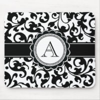 Elegant Monogrammed Scroll Damask Black and White