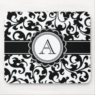 Elegant Monogrammed Scroll Damask Black and White Mouse Mat