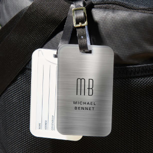 Elegant Monogrammed Silver Brushed Metallic Luggage Tag