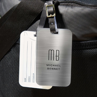 Elegant Monogrammed Silver Brushed Metallic Luggage Tag