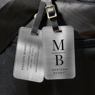 Elegant Monogrammed Silver Brushed Metallic Luggage Tag