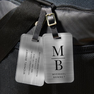 Elegant Monogrammed Silver Brushed Metallic Luggage Tag
