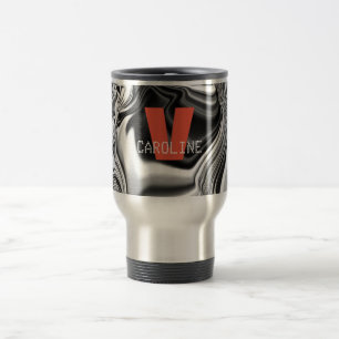 Elegant Monogrammed Silver Chrome Pattern Travel Mug