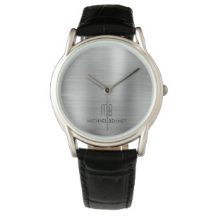 Elegant Monogrammed Silver Grey Brushed Metallic Watch
