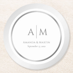 Elegant Monogrammed Silver Wedding Paper Coasters