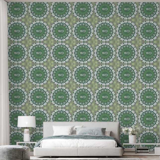 Elegant Monogrammed Spring Green Abstract Floral Wallpaper (Bedroom)