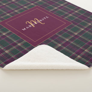 Elegant Monogrammed Tartan Pattern Burgundy Green Sherpa Blanket