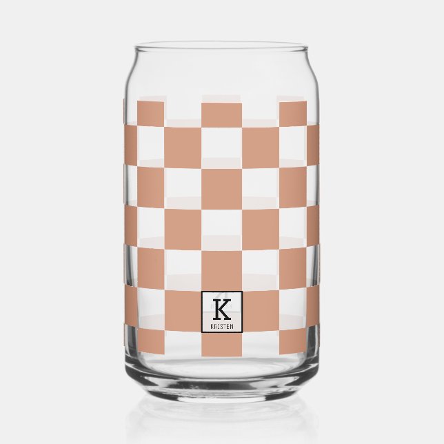 Elegant Monogrammed Terracotta Check Pattern Can Glass (Front)