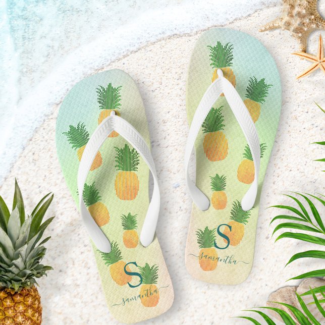 Elegant Monogrammed Tropical Pineapple Summer Flip Flops (Creator Uploaded)
