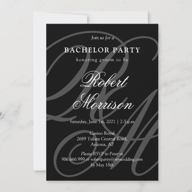 Elegant Monogrammed w/ QR code Bacherlor Party Invitation (Front)