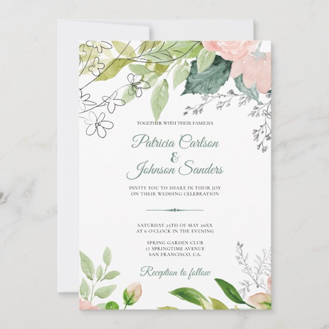 Elegant monogrammed watercolor floral wedding invitation (Front)