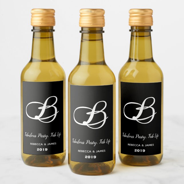 Elegant Monogrammed Wedding Party Event Black Mini Wine Label (Bottles)