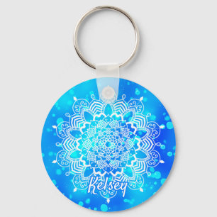 Elegant Monogrammed White & Blue Mandala Pattern Key Ring