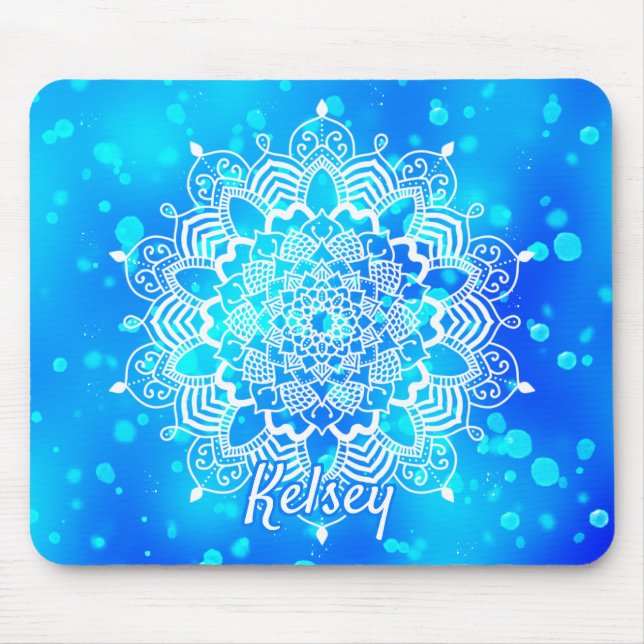 Elegant Monogrammed White & Blue Mandala Pattern Mouse Mat (Front)
