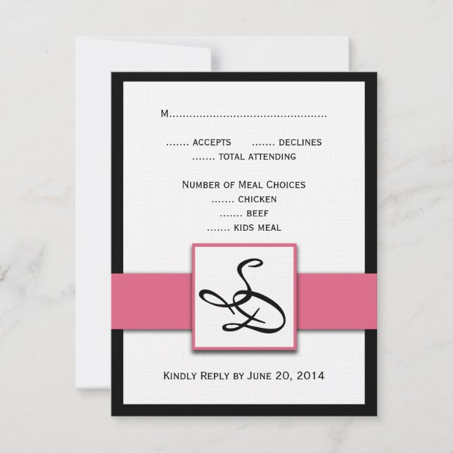 Elegant Monograms Wedding RSVP Cards Pink Black (Front)