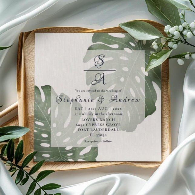 Elegant Monstera Emerald Green Wedding Invitation (Creator Uploaded)