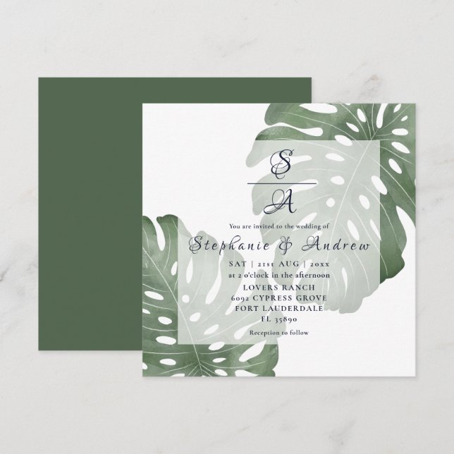 Elegant Monstera Emerald Green Wedding Invitation (Front/Back)