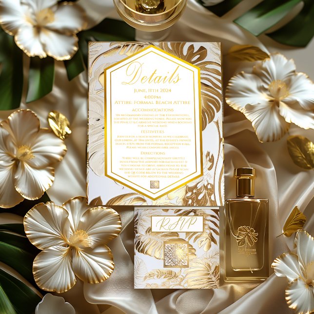 Elegant Monstera Gilded Gold Wedding Details Card (Elegant Monstera Formal Destination Details Enclosure Card and RSVP QR Code Card)