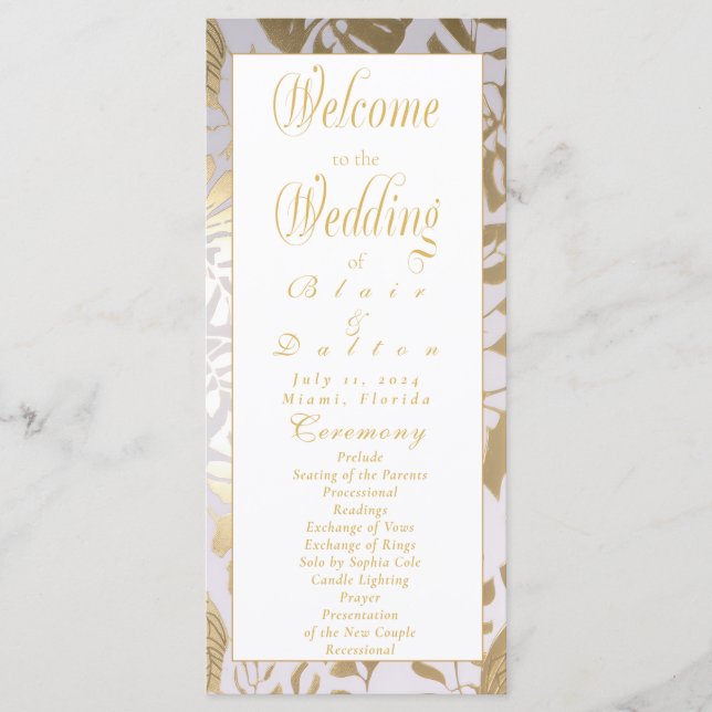Elegant Monstera Gilded Gold Wedding Programme (Front)