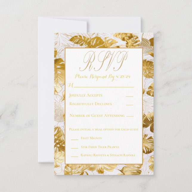  Elegant Monstera Gilded Gold Wedding RSVP  (Front)