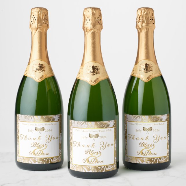 Elegant Monstera Gilded Gold Wedding  Sparkling Wine Label (Bottles)