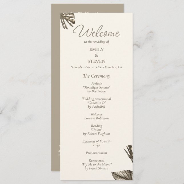 Elegant Monstera Gold Wedding Program Card (Front/Back)