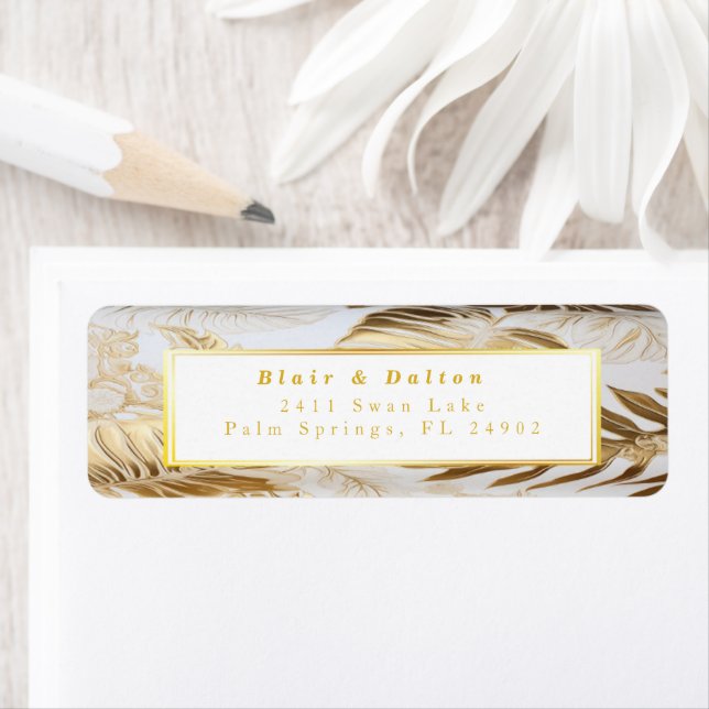 Elegant Monstera Gold Wedding Return Address (Insitu)