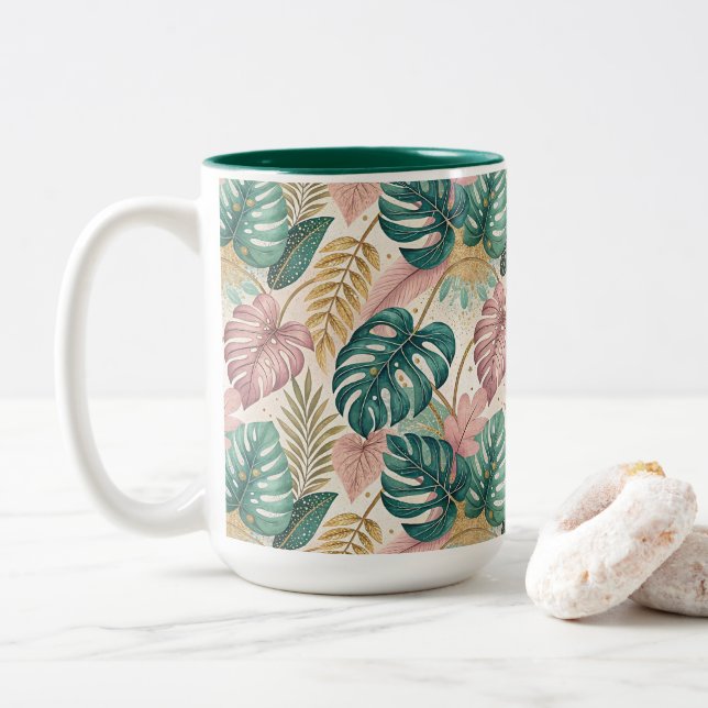 Elegant Monsteras Gold Two-Tone Coffee Mug (With Donut)