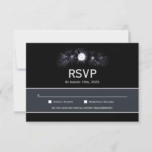 Elegant Moody Black Floral Wedding RSVP Card (Front)