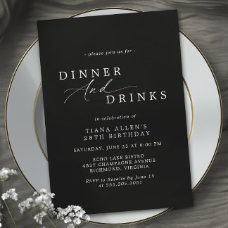 Elegant Moody Black | Formal Birthday Dinner Party Invitation