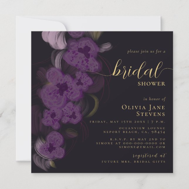 Elegant Moody Black Purple Orchids Bridal Shower Invitation (Front)