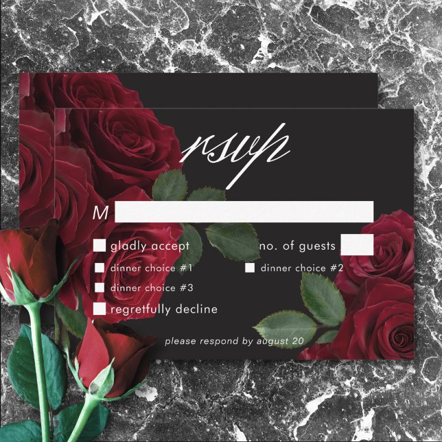 Elegant Moody Blood Red Roses Floral Dinner RSVP Card (Elegant Moody Blood Red Roses Floral Dinner RSVP Card)