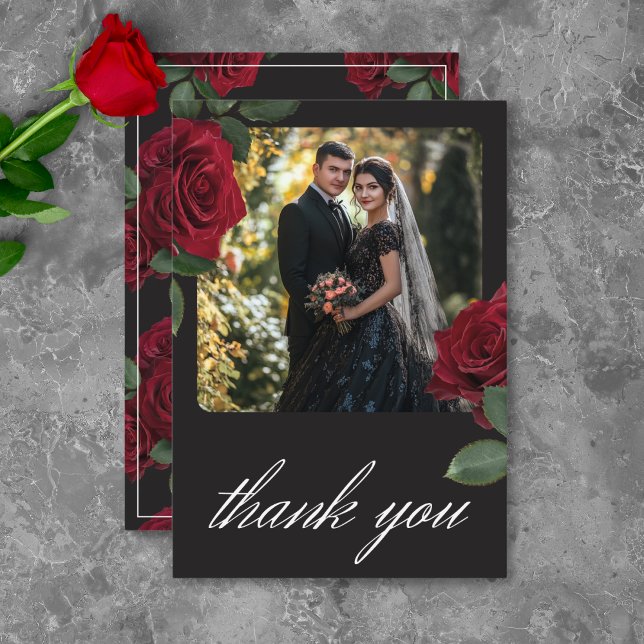 Elegant Moody Blood Red Roses Floral Photo Wedding Thank You Card (Elegant Moody Blood Red Roses Floral Photo Wedding Thank You Card)