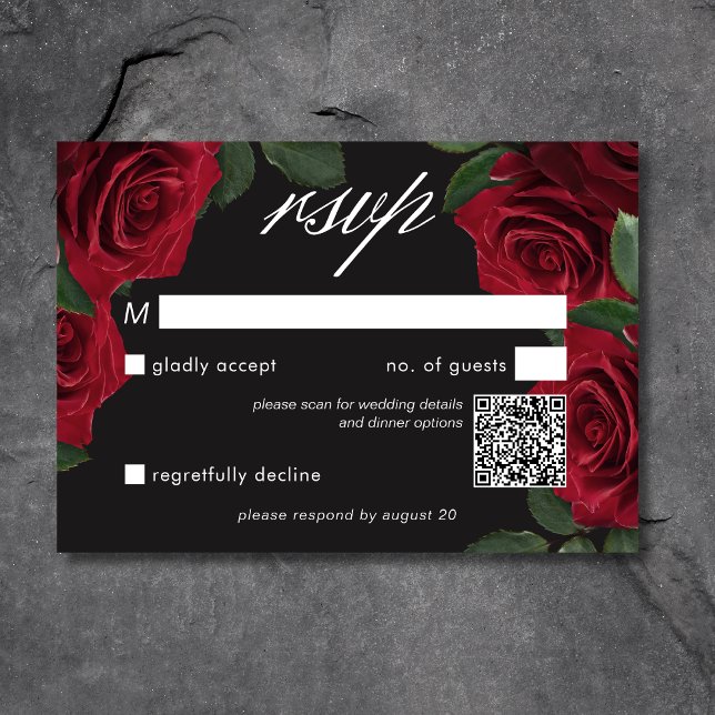 Elegant Moody Blood Red Roses Floral QR Code RSVP Card (Elegant Moody Blood Red Roses Floral QR Code RSVP Card)
