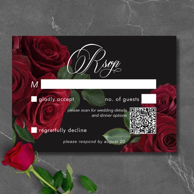 Elegant Moody Blood Red Roses Floral QR Code RSVP Card (Elegant Moody Blood Red Roses Floral No Dinner RSVP Card)