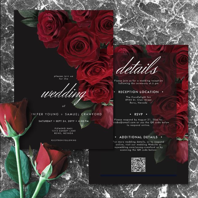 Elegant Moody Blood Red Roses Floral Two Sided Invitation (Creator Uploaded)