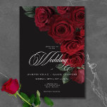 Elegant Moody Blood Red Roses Floral Wedding Invitation<br><div class="desc">Embrace timeless elegance for your gothic-inspired celebration with our captivating wedding invitation. A soft black background provides the perfect canvas for a captivating, yet understated bouquet. Imagine a corner arrangement of muted blood red rose blooms, where rich red hues mingle with dark green foliage. This ethereal design exudes quiet sophistication,...</div>