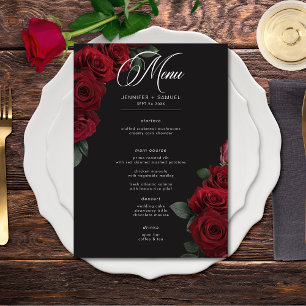 Elegant Moody Blood Red Roses Floral Wedding Menu